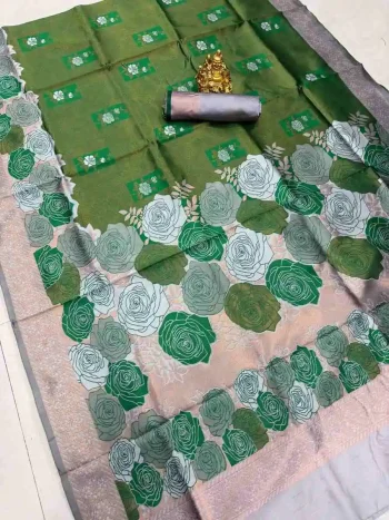 DESIGNER BANARASI SILK FLOWERS AND MINA & ZARI WEAVING RICH PALLU WITH BORDER WORK SAREE WITH UNSTITCHED BLOUSE GREEN