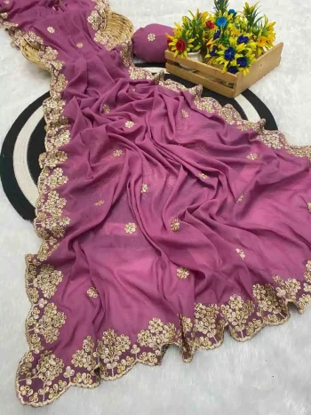 DESIGNER GEORGETTE FLORAL DESIGN ZARI EMBROIDERY BORDER WITH STONE WORK AND ZARI BUTTI WORK SAREE WITH UNSTITCHED BLOUSE PINK