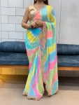 5DESIGNER GEORGETTE SHIBORI PRINT WITH CODING SEQUENCE RAINBOW LACE WORK SAREE WITH UNSTITCHED BLOUSE PARTY WEAR WHOLESALE PRICE ETHNIC GARMENT (12)