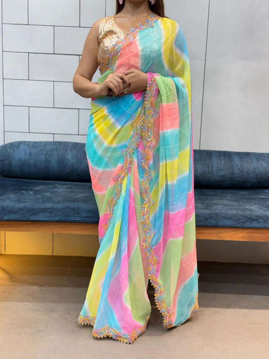 5DESIGNER GEORGETTE SHIBORI PRINT WITH CODING SEQUENCE RAINBOW LACE WORK SAREE WITH UNSTITCHED BLOUSE PARTY WEAR WHOLESALE PRICE ETHNIC GARMENT (13)