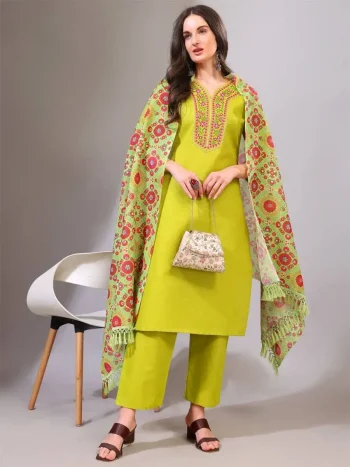 FANCY COTTON EMBROIDERY WORK TOP BOTTOM WITH DUPATTA PARROT GREEN