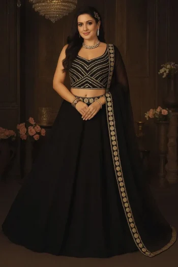 FANCY GEORGETTE EMBROIDERY FOIL WORK LEHENGA CHOLI WITH DUPATTA BLACK