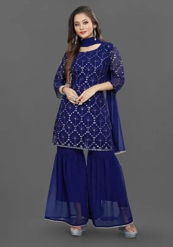 NEW ARRIVAL GEORGETTE EMBROIDERY WORK TOP SHARARA WITH DUPATTA NAVY BLUE