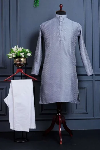 NEW ARRIVAL JACQUARD PRINTED WORK MEN'S KURTA PAYJAMA GREY