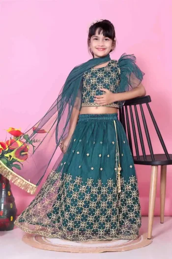 NEW ARRIVAL NET LACE BORDER WITH SEQUENCE EMBROIDERY WORK KID'S LEHENGA CHOLI WITH DUPATTA TEAL