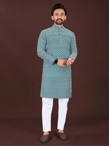 NEW ARRIVAL COTTON BLEND HANDCRAFTED LUCKHNAWI CHIKANKARI WORK MEN'S KURTA PAYJAMA BLUE