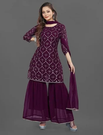 NEW ARRIVAL GEORGETTE EMBROIDERY WORK TOP SHARARA WITH DUPATTA WINE