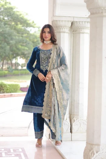 DESIGNER VELVET SEQUENCE & ZARI EMBROIDERY WORK TOP BOTTOM WITH DUPATTA BLUE