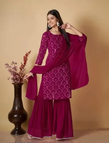 NEW ARRIVAL GEORGETTE EMBROIDERY WORK TOP SHARARA WITH DUPATTA PINK