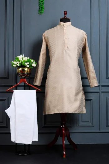 NEW ARRIVAL JACQUARD PRINTED WORK MEN'S KURTA PAYJAMA CREAM