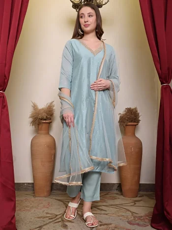 NEW ARRIVAL CHANDERI SILK EMBROIDERY SEQUENCE WORK TOP BOTTOM WITH DUPATTA SKY