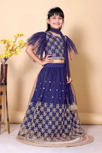 NEW ARRIVAL NET LACE BORDER WITH SEQUENCE EMBROIDERY WORK KID'S LEHENGA CHOLI WITH DUPATTA NAVY BLUE