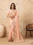 ATTRACTIVE CHIFFON EMBROIDERY CUTWORK WORK ARCO BORDER WORK SAREE WITH UNSTITCHED BLOUSE PEACH
