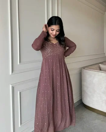 ATTRACTIVE GEORGETTE EMBROIDERY & SEQUENCE WORK GOWN BOTTOM WITH DUPATTA PEACH