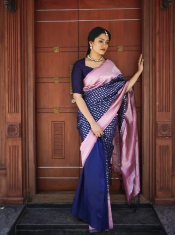 ATTRACTIVE LICHI SILK JACQUARD WORK SAREE WITH UNSTITCHED BLOUSE SAREE WITH UNSTITCHED BLOUSE BLUE