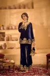 ATTRACTIVE VELVET EMBROIDERY CHAIN STITCHED WORK TOP PALAZZO WITH POTLI BAG NAVY BLUE
