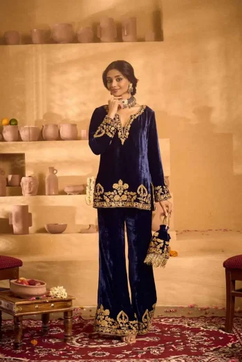 ATTRACTIVE VELVET EMBROIDERY CHAIN STITCHED WORK TOP PALAZZO WITH POTLI BAG NAVY BLUE
