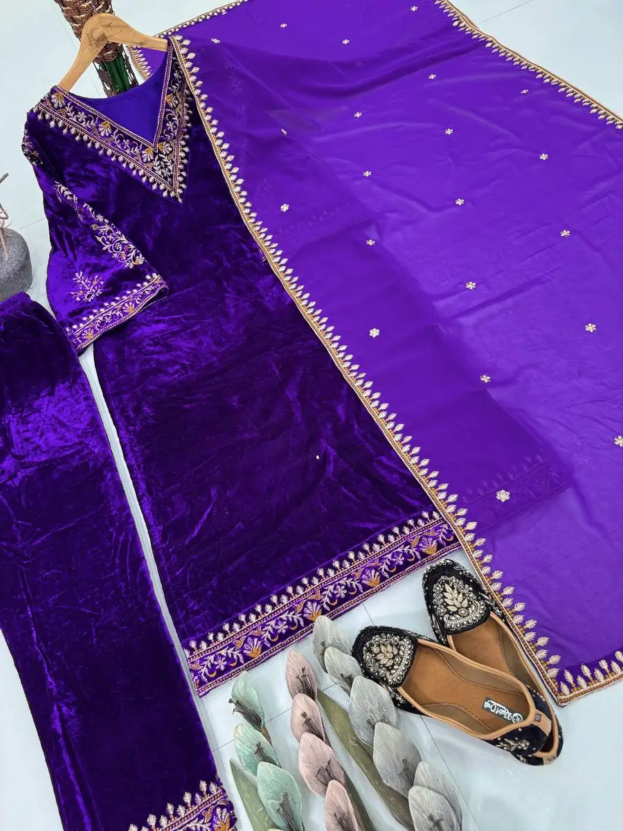 ATTRACTIVE VELVET EMBROIDERY WORK TOP BOTTOM WITH DUPATTA FESTIVE WEAR WHOLESALE PRICE ETHNIC GARMENT (1)