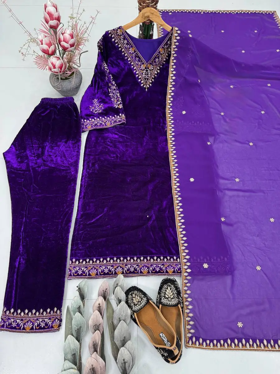 ATTRACTIVE VELVET EMBROIDERY WORK TOP BOTTOM WITH DUPATTA FESTIVE WEAR WHOLESALE PRICE ETHNIC GARMENT (8)