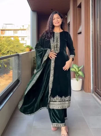 ATTRACTIVE VELVET SEQUENCE EMBROIDERY WORK TOP BOTTOM WITH DUPATTA GREEN