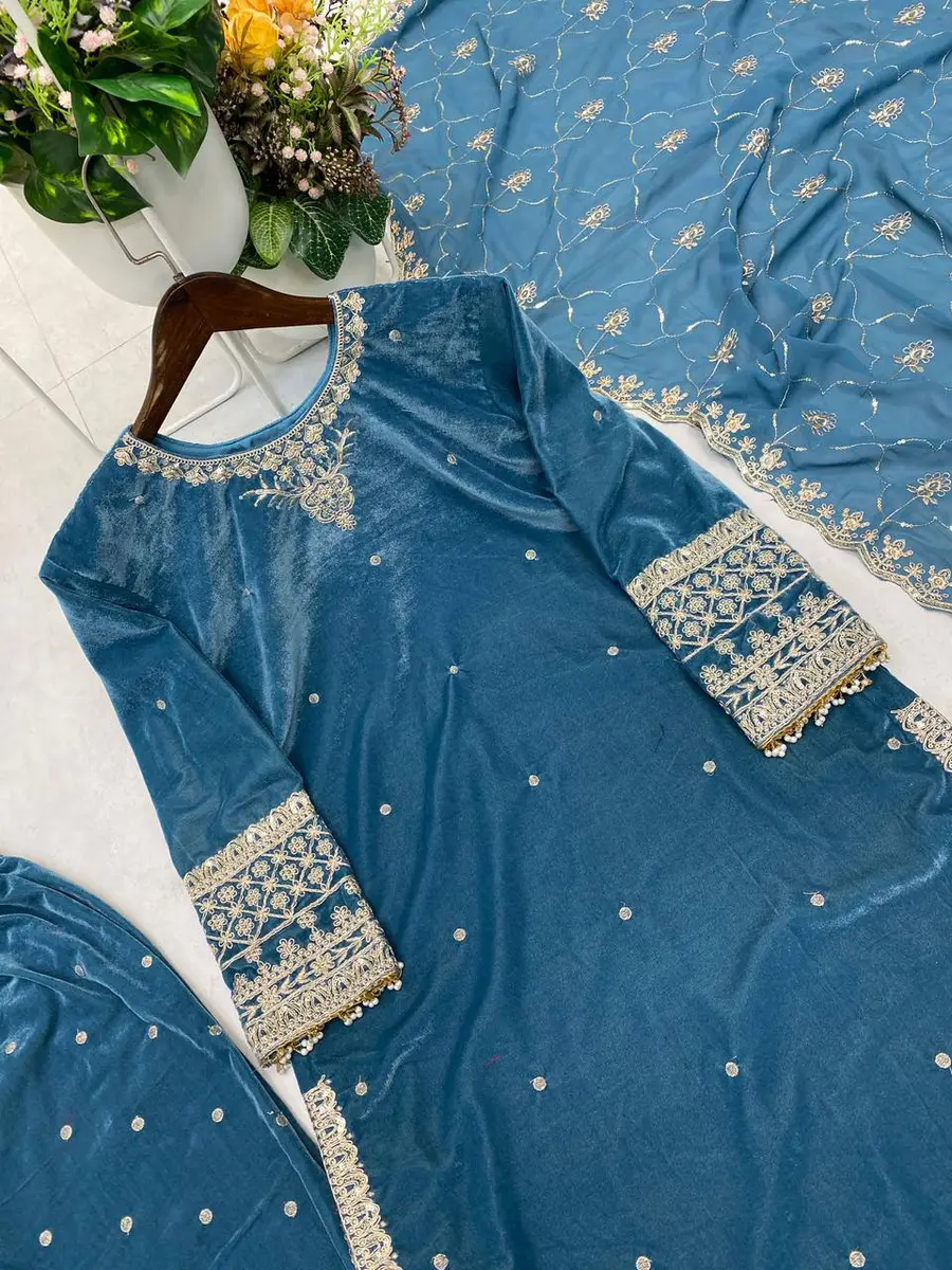 DESIGNER 9000 VELVET SEQUENCE EMBROIDERY WORK TOP BOTTOM WITH DUPATTA FESTIVE WEAR WHOLESALE PRICE ETHNIC GARMENT (1)