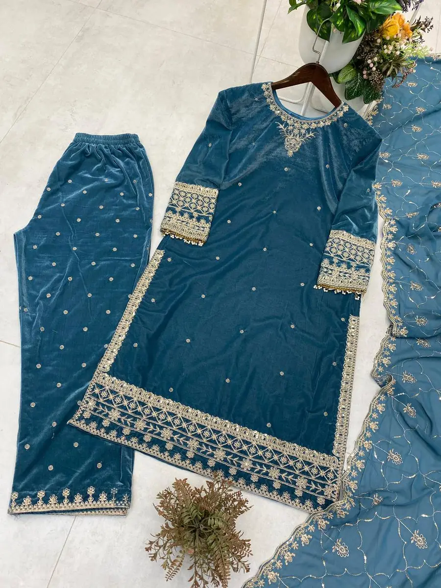 DESIGNER 9000 VELVET SEQUENCE EMBROIDERY WORK TOP BOTTOM WITH DUPATTA FESTIVE WEAR WHOLESALE PRICE ETHNIC GARMENT (10)