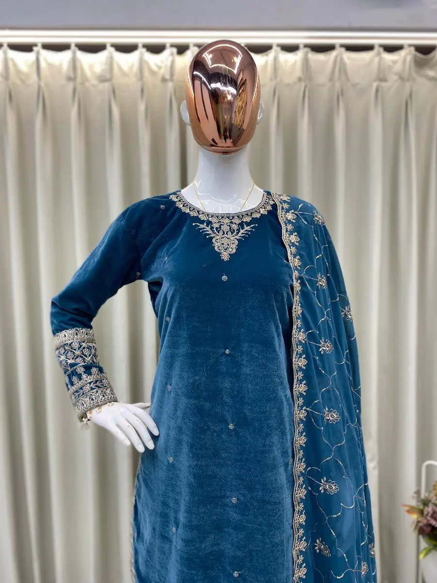DESIGNER 9000 VELVET SEQUENCE EMBROIDERY WORK TOP BOTTOM WITH DUPATTA FESTIVE WEAR WHOLESALE PRICE ETHNIC GARMENT (11)
