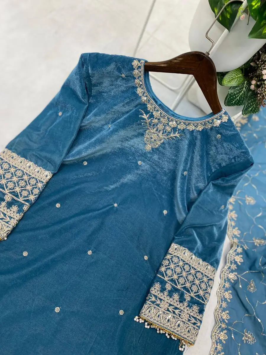 DESIGNER 9000 VELVET SEQUENCE EMBROIDERY WORK TOP BOTTOM WITH DUPATTA FESTIVE WEAR WHOLESALE PRICE ETHNIC GARMENT (12)