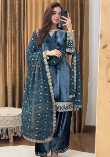 DESIGNER 9000 VELVET SEQUENCE EMBROIDERY WORK TOP BOTTOM WITH DUPATTA BLUE