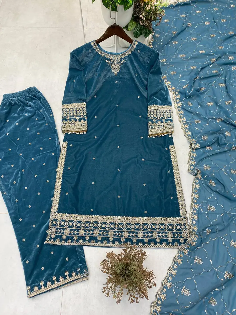 DESIGNER 9000 VELVET SEQUENCE EMBROIDERY WORK TOP BOTTOM WITH DUPATTA FESTIVE WEAR WHOLESALE PRICE ETHNIC GARMENT (9)