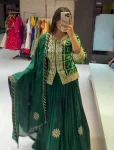 DESIGNER CHINON DIGITAL PRINT WITH EMBROIDERY CODING SEQUENCE WORK TOP LEHENGA WITH DUPATTA GREEN