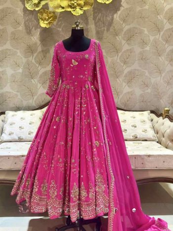 DESIGNER CHINON EMBROIDERY 5 MM SEQUENCE WORK GOWN BOTTOM WITH DUPATTA PINK