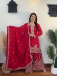 DESIGNER CHINON SILK EMBROIDERY SEQUENCE WORK TOP PALAZZO WITH DUPATTA RED