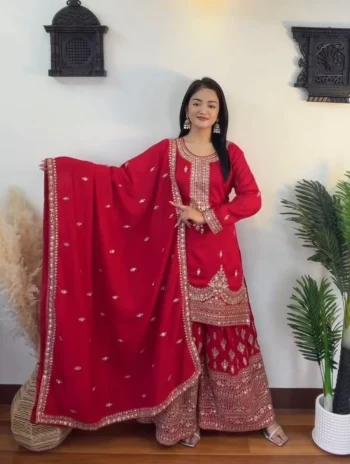 DESIGNER CHINON SILK EMBROIDERY SEQUENCE WORK TOP PALAZZO WITH DUPATTA RED