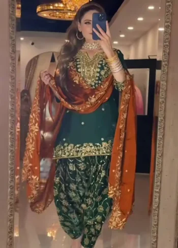 DESIGNER CHINON SILK EMBROIDERY SEQUENCE WORK TOP PATIYALA WITH DUPATTA GREEN