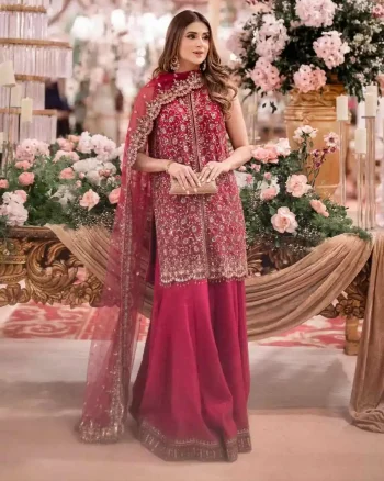 DESIGNER CHINON SILK SEQUENCE & ZARI EMBROIDERY WITH FANCY HANDWORK LACE WORK TOP PALAZZO WITH DUPATTA PINK