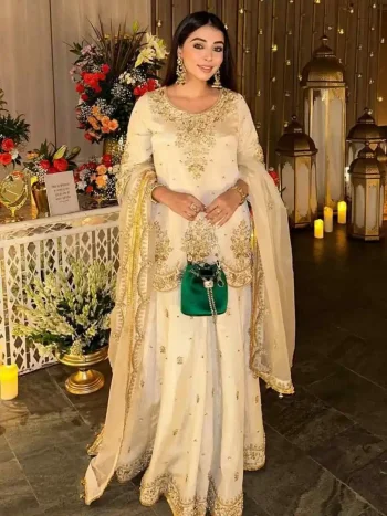 DESIGNER CHINON SILK SEQUENCE & ZARI EMBROIDERY WORK TOP PALAZZO WITH DUPATTA OFF WHITE