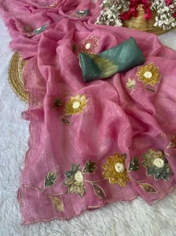 DESIGNER CRUNCHY HANDWORK AND PATCHWORK BORDER WITH FLOWAR WORK SAREE WITH UNSTITCHED BLOUSE PINK