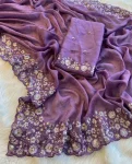 DESIGNER EMBROIDERY MULTI THREAD AND SEQUENCE WORK WITH CUT BORDER WORK SAREE WITH UNSTITCHED BLOUSE LAVENDER