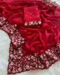 DESIGNER EMBROIDERY MULTI THREAD AND SEQUENCE WORK WITH CUT BORDER WORK SAREE WITH UNSTITCHED BLOUSE RED