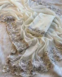 DESIGNER EMBROIDERY MULTI THREAD AND SEQUENCE WORK WITH CUT BORDER WORK SAREE WITH UNSTITCHED BLOUSE OFF WHITE