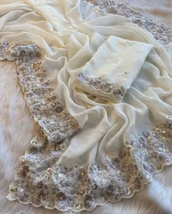 DESIGNER EMBROIDERY MULTI THREAD AND SEQUENCE WORK WITH CUT BORDER WORK SAREE WITH UNSTITCHED BLOUSE OFF WHITE