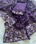 DESIGNER EMBROIDERY MULTI THREAD AND SEQUENCE WORK WITH CUT BORDER WORK SAREE WITH UNSTITCHED BLOUSE PURPLE