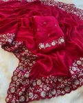 DESIGNER EMBROIDERY MULTI THREAD AND SEQUENCE WORK WITH CUT BORDER WORK SAREE WITH UNSTITCHED BLOUSE WEDDING WEAR WHOLESALE PRICE ETHNIC GARMENT (5)