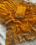 DESIGNER EMBROIDERY MULTI THREAD AND SEQUENCE WORK WITH CUT BORDER WORK SAREE WITH UNSTITCHED BLOUSE YELLOW