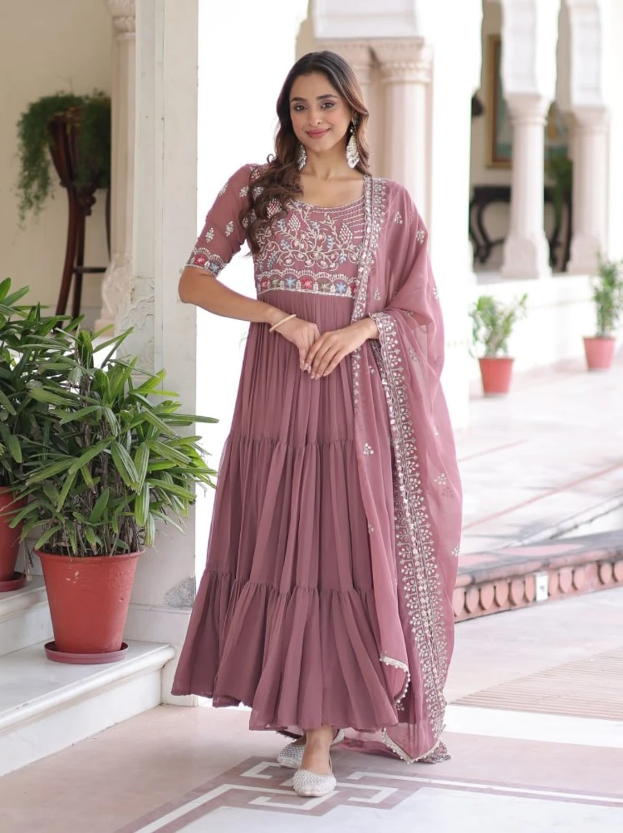 DESIGNER FAUX BLOOMING SEQUENCE MULTITHREADED BEADS EMBROIDERY WORK GOWN WITH DUPATTA FESTIVE WEAR WHOLESALE PRICE ETHNIC GARMENT (2)