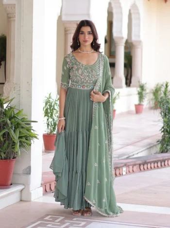 DESIGNER FAUX BLOOMING SEQUENCE MULTITHREADED BEADS EMBROIDERY WORK GOWN WITH DUPATTA MINT
