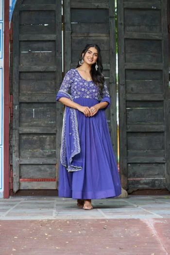 DESIGNER FAUX BLOOMING SEQUENCE MULTITHREADED BEADS EMBROIDERY WORK GOWN WITH DUPATTA PURPLE