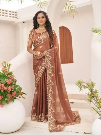 DESIGNER FENDY CHIFFON EMBROIDERY SEQUENCE CUT WORK LACE WORK SAREE WITH UNSTITCHED BLOUSE CHIKU