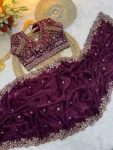 DESIGNER FENDY SATIN EMBROIDERY SEQUENCE WITH BORDER AND BUTTI WORK SAREE WITH STITCHED BLOUSE WEDDING WEAR WHOLESALE PRICE EHNIC GARMENT (3)